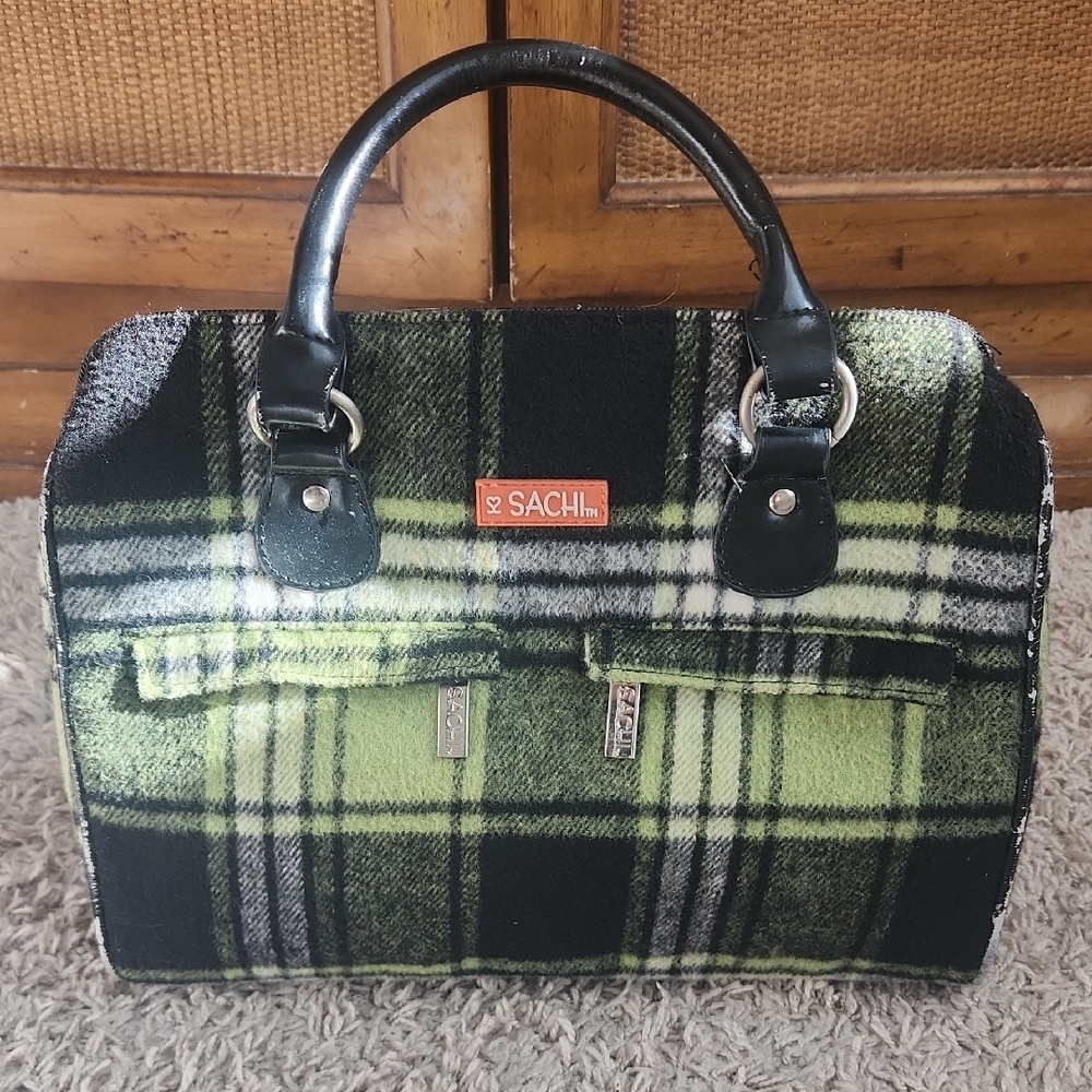 SACHI Black and Green Plaid Satchel
